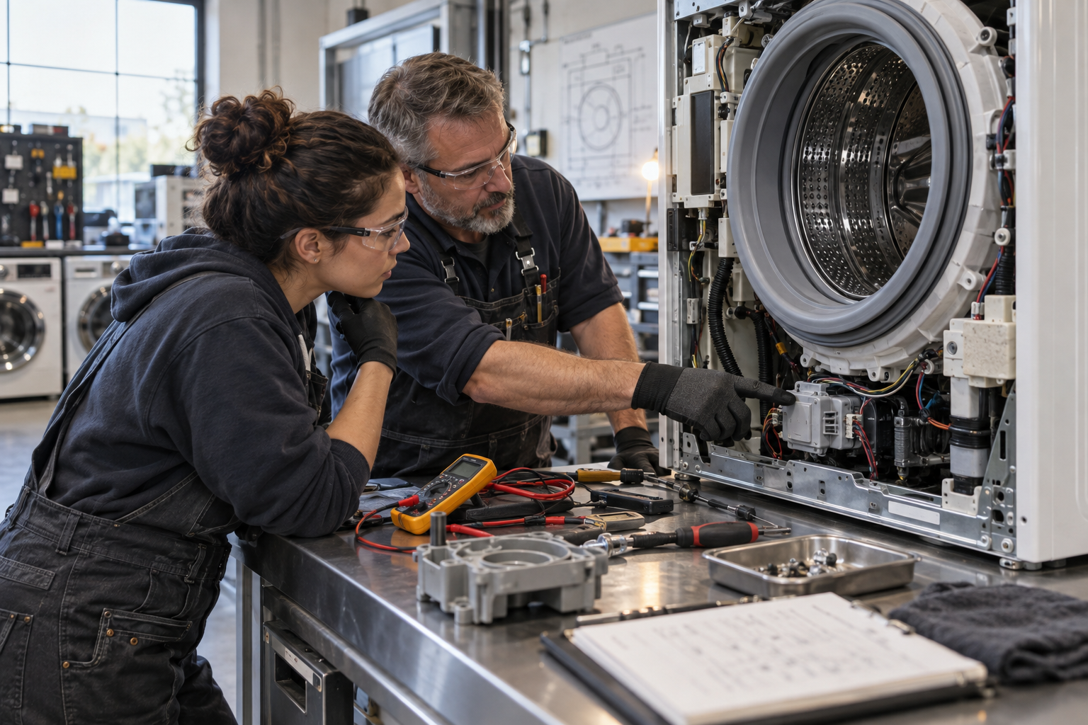 Appliance repair trainee diagnoses a washing-machine training unit