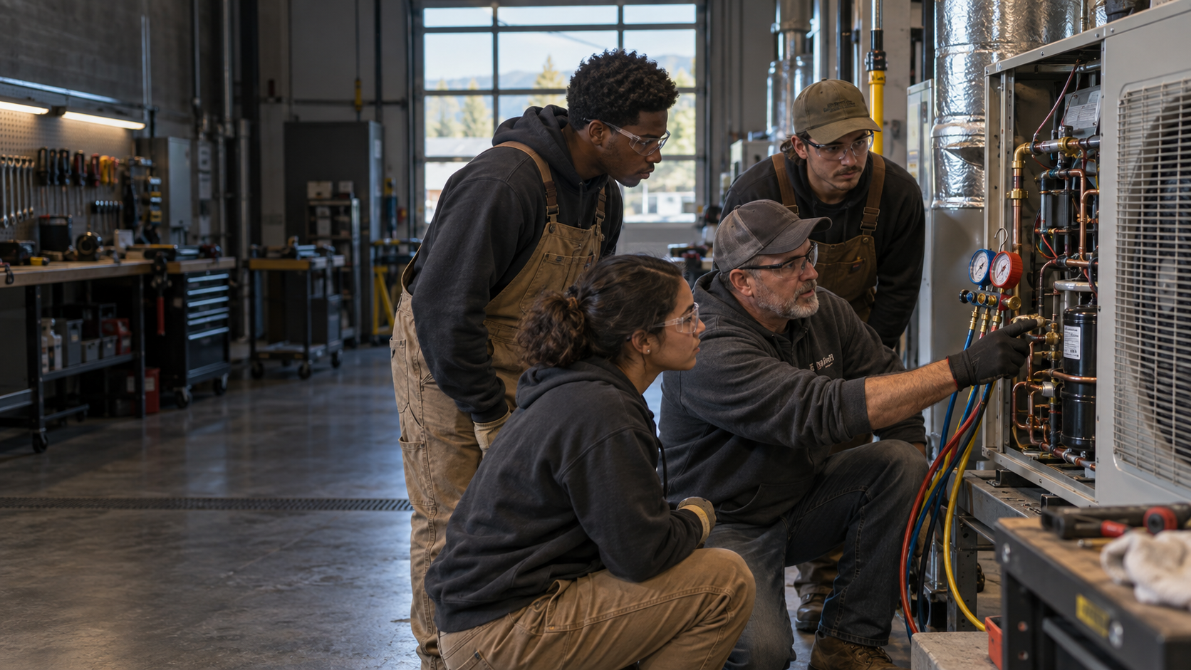 Adult learners diagnose a heat-pump training rig in a skilled-trades workshop