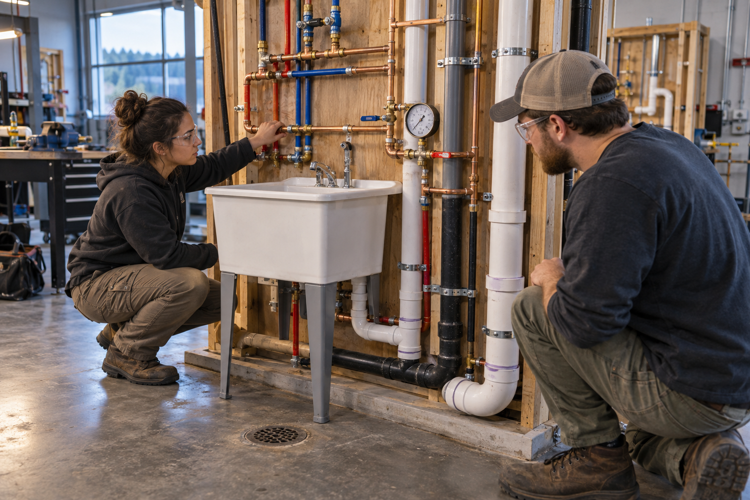 Plumbing trainees pressure-test a residential practice rig